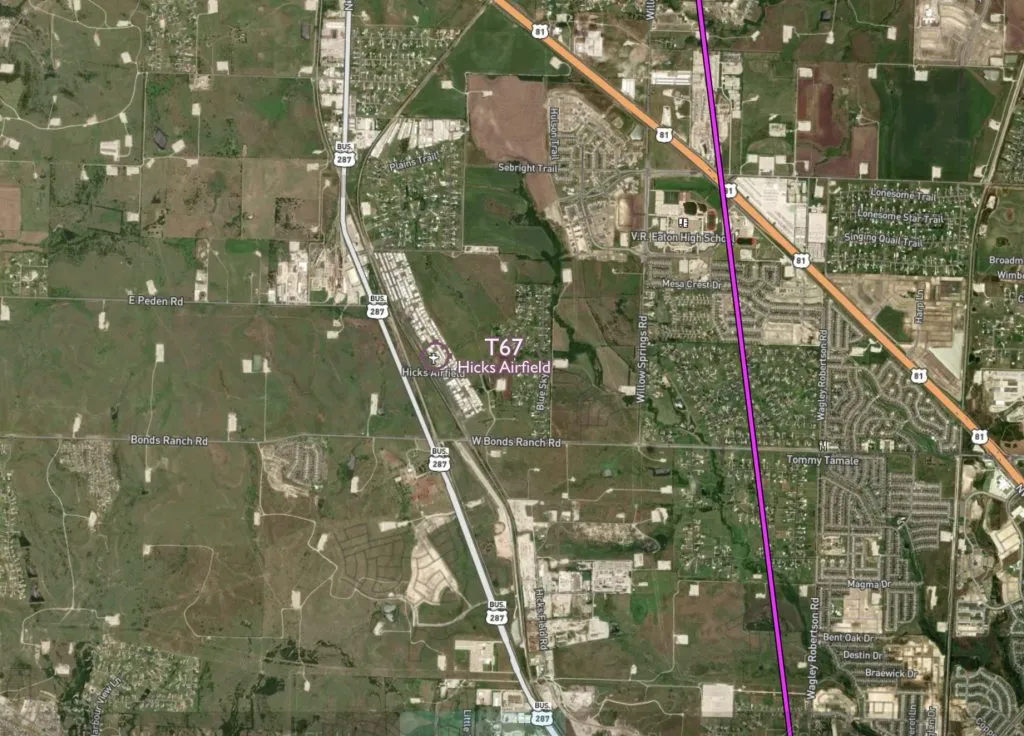 Aerial view of T67. Magenta line is the approach into KFTW.