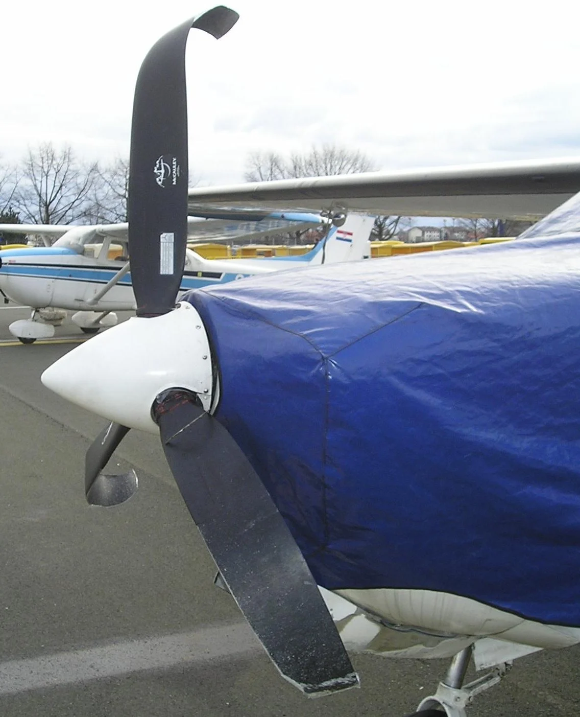 Severely bent aircraft propeller after a prop strike