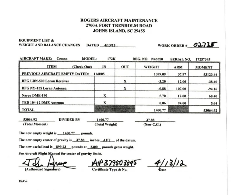 Aircraft weight and balance records